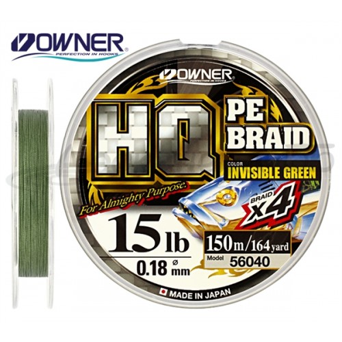 Леска плетеная OWNER HQ PE Braid 4X, Invisible Green, 150м, 0.12mm