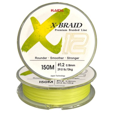 Плетеный шнур Kaida X12 BRAID 150м, ярко-желтый, 0.18 мм