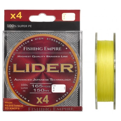 Плетеный шнур LIDER FLUO YELLOW X4 150 м 0.10 мм