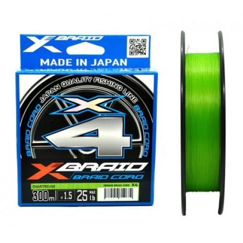 Шнур YGK X-Braid Braid Cord X4 300m Chartreuse #1.0, 0.165мм, 18lb, 8.2кг